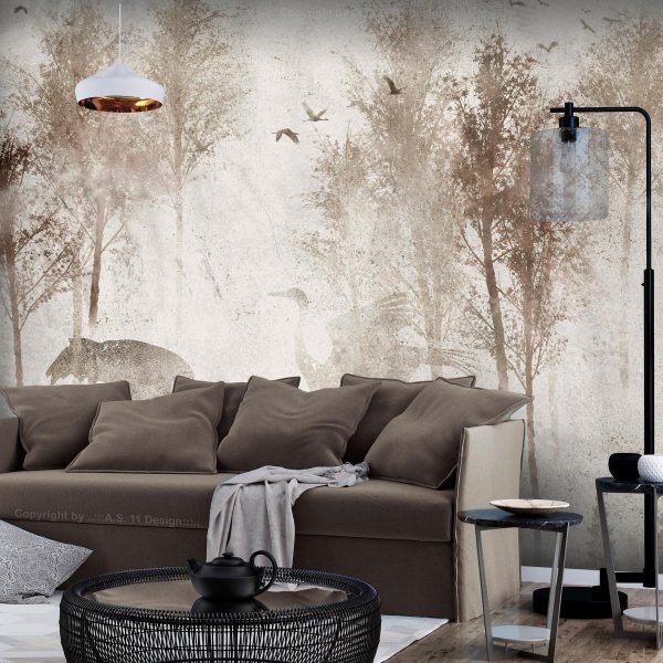Wall Mural - Among the trees - landscape in grey tones in fog in a clearing with birds