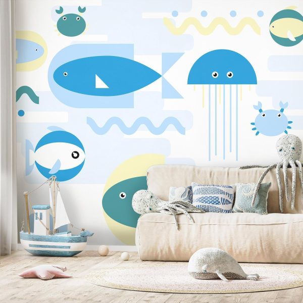 Wall Mural Wallpaper - Animals in the sea - geometric blue fish in water for kids - Image 3