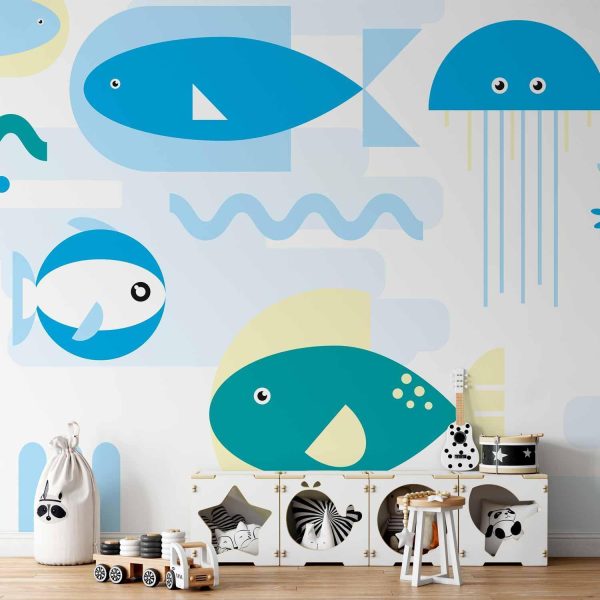 Wall Mural Wallpaper - Animals in the sea - geometric blue fish in water for kids - Image 2