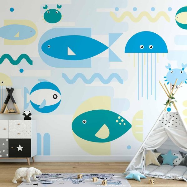 Wall Mural Wallpaper - Animals in the sea - geometric blue fish in water for kids