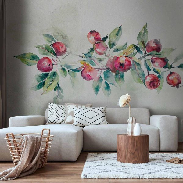Wall Mural - Apple branch - landscape with a plant and red apples on a white background