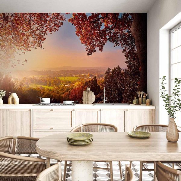 Wall Mural - Autumn delight - sunny landscape with countryside surrounded by trees and fields