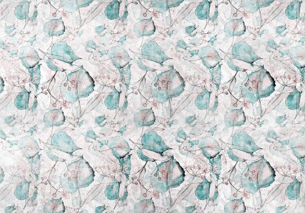 Wall Mural - Autumn souvenirs - floral pattern with turquoise leaves