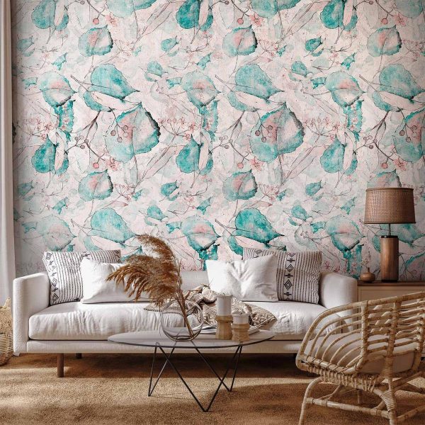Wall Mural - Autumn souvenirs - floral pattern with turquoise leaves