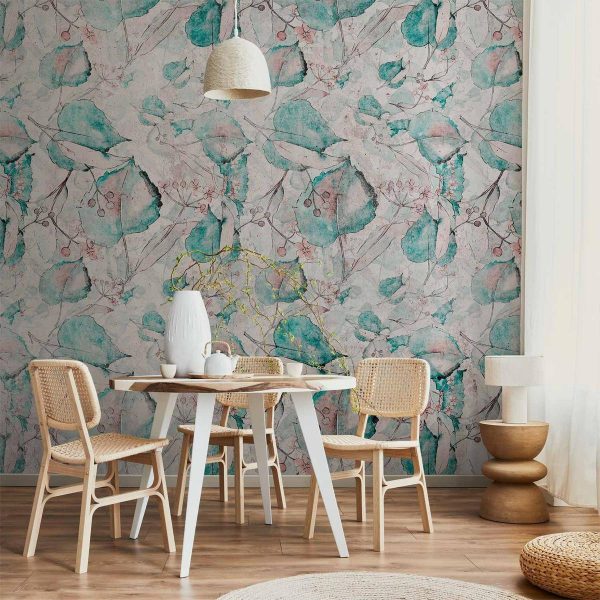 Wall Mural - Autumn souvenirs - floral pattern with turquoise leaves