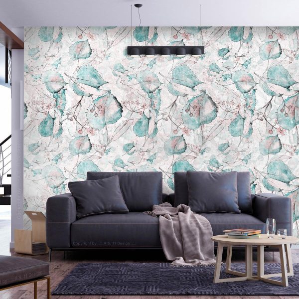 Wall Mural - Autumn souvenirs - floral pattern with turquoise leaves