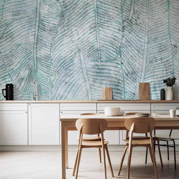 Wall Mural - Banana leaves - plant motif blue lineart nature with pattern