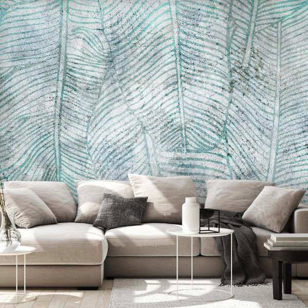 Wall Mural - Banana leaves - plant motif blue lineart nature with pattern
