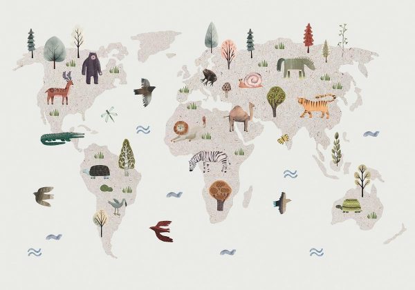 Wall Mural - Beige World - Continents With Animals in Muted Colours