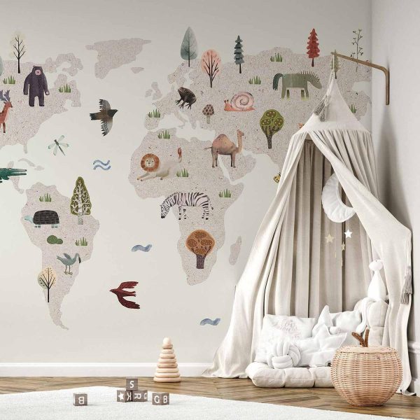 Wall Mural - Beige World - Continents With Animals in Muted Colours