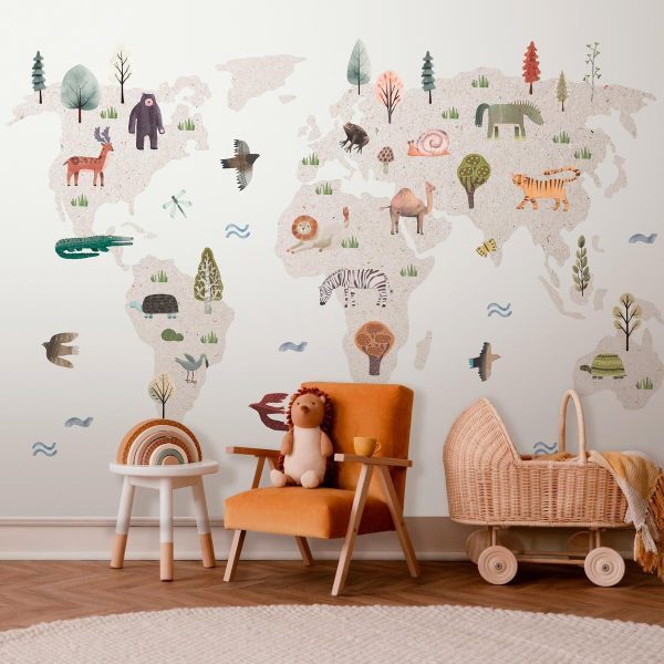 Wall Mural - Beige World - Continents With Animals in Muted Colours