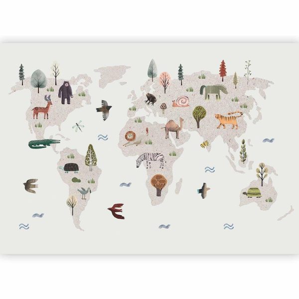Wall Mural - Beige World - Continents With Animals in Muted Colours