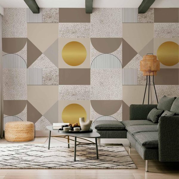 Wall Mural Wallpaper - Beige and Gold Geometric Pattern - Image 2