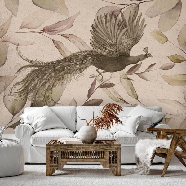 Wall Mural Wallpaper - Bird among the leaves - floral motif with a flying peacock in cool tones - Image 3