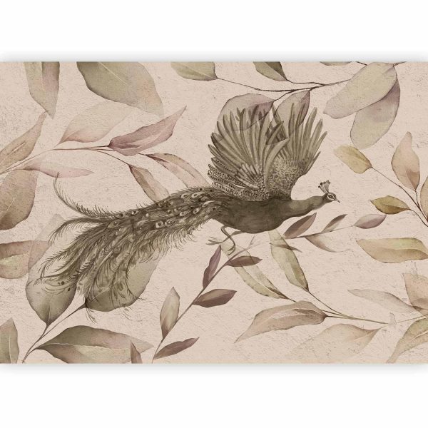 Wall Mural Wallpaper - Bird among the leaves - floral motif with a flying peacock in cool tones - Image 4