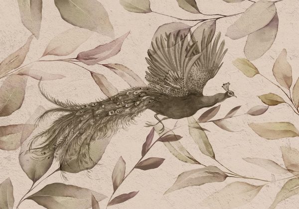 Wall Mural Wallpaper - Bird among the leaves - floral motif with a flying peacock in cool tones - Image 5