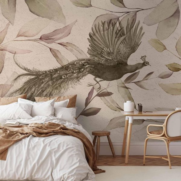 Wall Mural Wallpaper - Bird among the leaves - floral motif with a flying peacock in cool tones