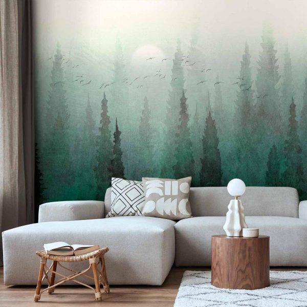 Wall Mural - Bird's eye perspective - landscape of a green forest with trees in the mist