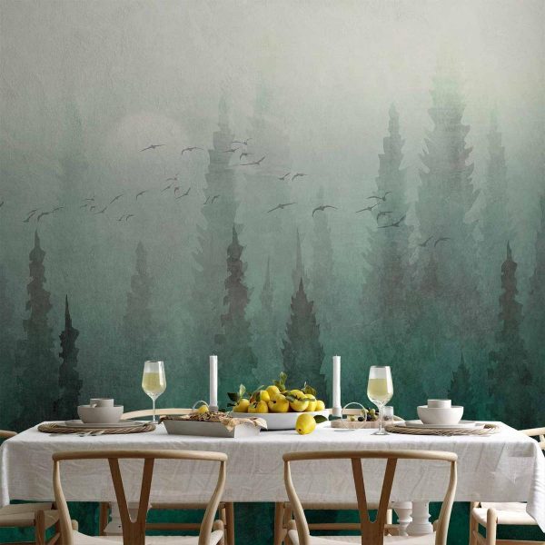 Wall Mural - Bird's eye perspective - landscape of a green forest with trees in the mist