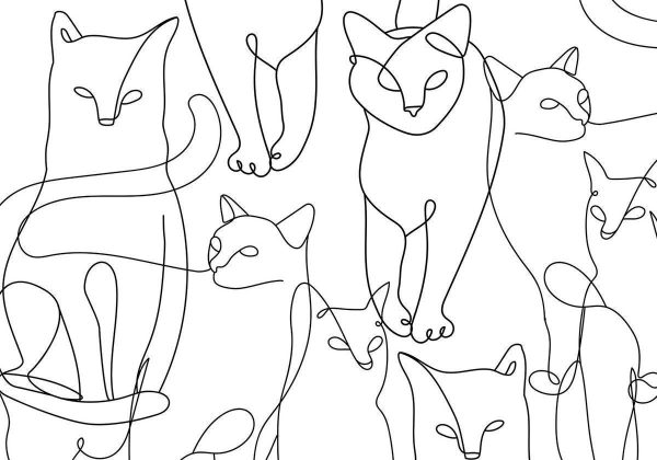 Wall Mural - Cat lineart - minimalist sketches of black cats on white background