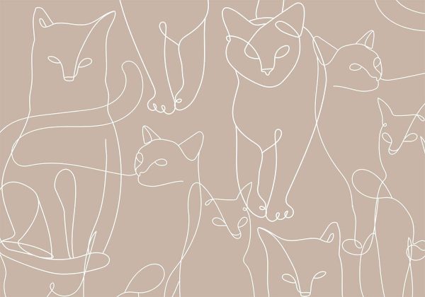 Wall Mural - Cat lineart - minimalist sketches of white cats on beige background