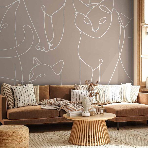 Wall Mural - Cat lineart - minimalist sketches of white cats on beige background