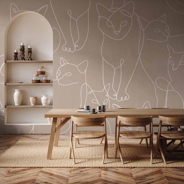 Wall Mural - Cat lineart - minimalist sketches of white cats on beige background