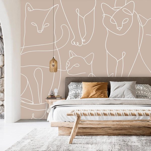 Wall Mural - Cat lineart - minimalist sketches of white cats on beige background