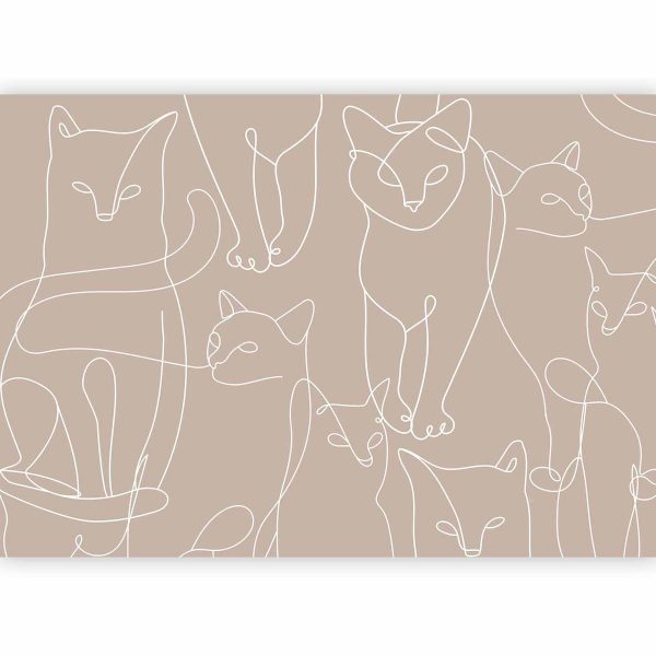 Wall Mural - Cat lineart - minimalist sketches of white cats on beige background