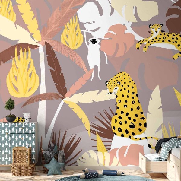 Wall Mural - Cheetahs in the jungle - landscape with exotic animals with palm trees for children