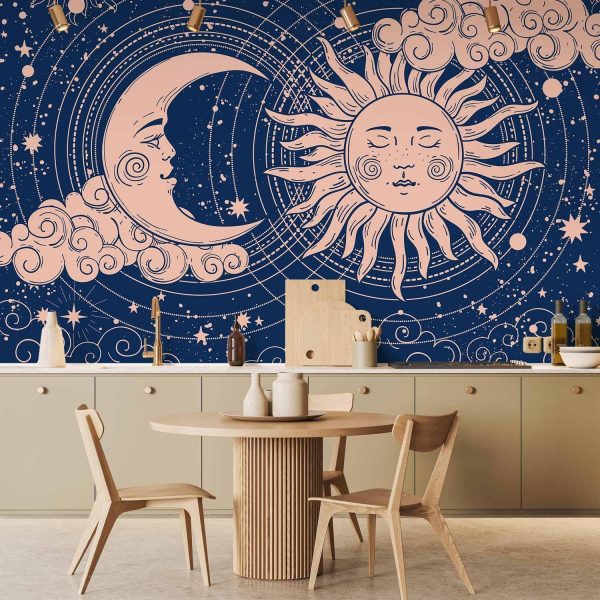 Wall Mural - Cosmic Harmony - Illustration of the Sun and Moon on a Navy Background - Image 2