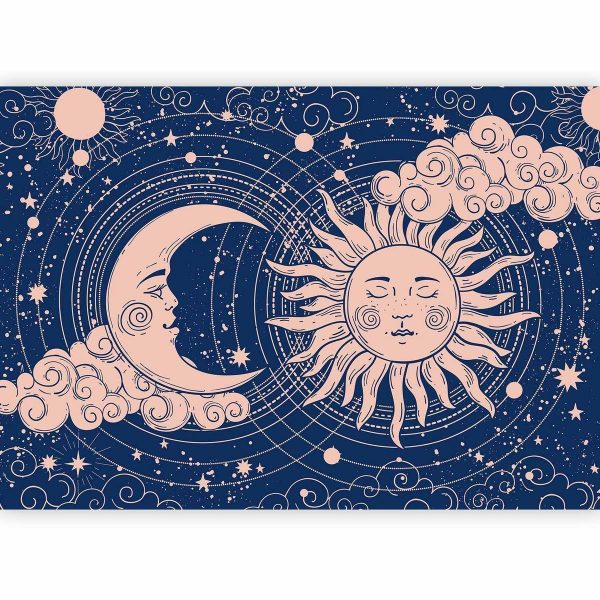 Wall Mural - Cosmic Harmony - Illustration of the Sun and Moon on a Navy Background