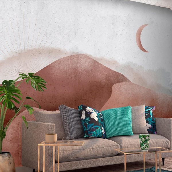 Wall Mural - Desert landscape - desert landscape with moon and sunrise
