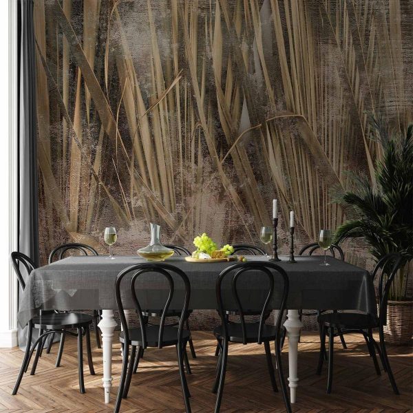 Wall Mural - Dry leaves - landscape of tall grasses in boho style with paint patterns