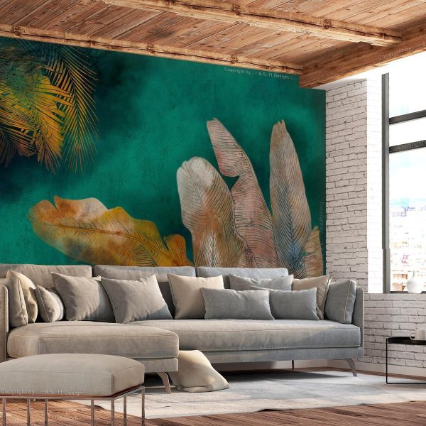 Wall Mural - Exotic jungle - plant motif with reflected leaves on a green background