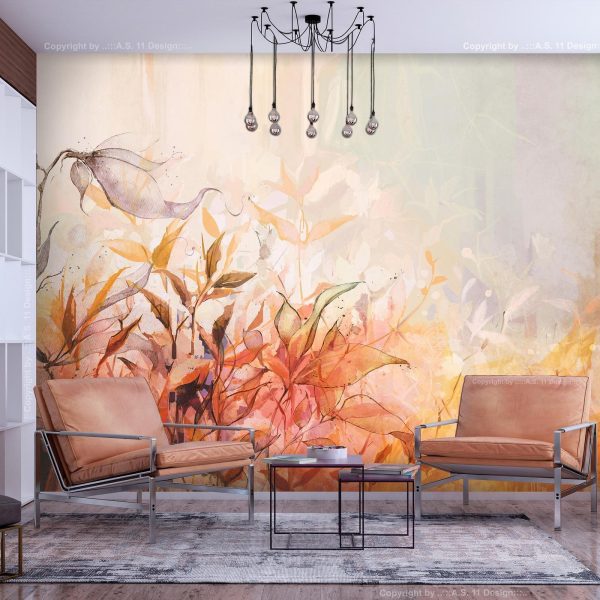 Wall Mural Wallpaper - Flaming meadow - nature landscape with meadow of flowers and leaves in watercolour style - Image 3