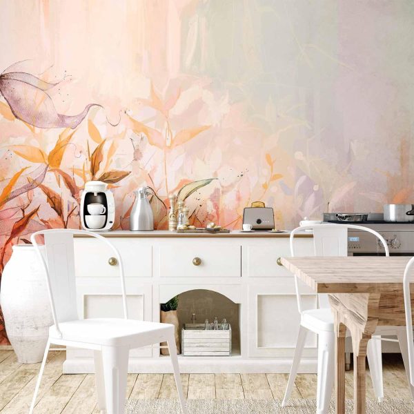 Wall Mural Wallpaper - Flaming meadow - nature landscape with meadow of flowers and leaves in watercolour style