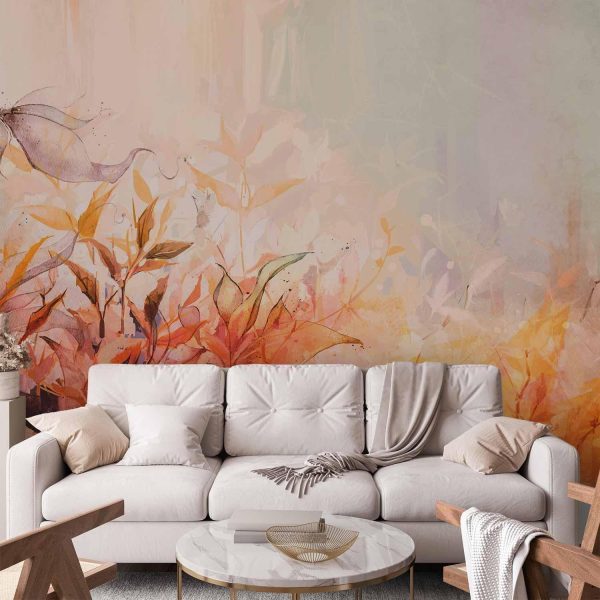 Wall Mural Wallpaper - Flaming meadow - nature landscape with meadow of flowers and leaves in watercolour style - Image 2