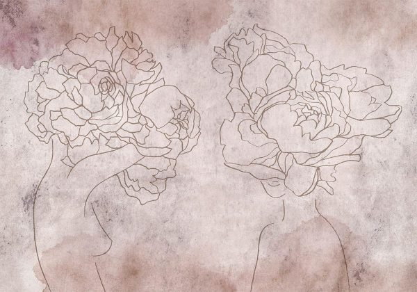 Wall Mural - Floristic abstraction - lineart style silhouettes of people with flowers