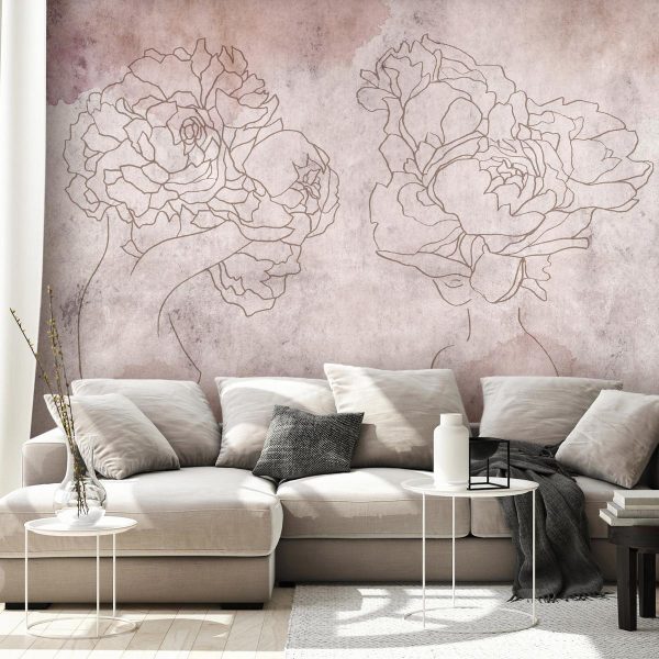 Wall Mural - Floristic abstraction - lineart style silhouettes of people with flowers