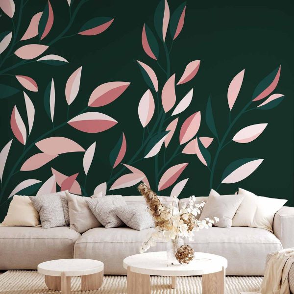 Wall Mural - Flowering vine - minimalist climbing leaves on a green background