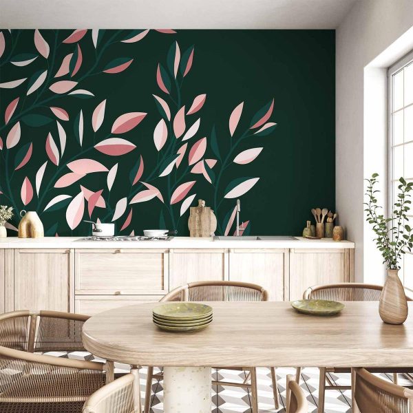 Wall Mural - Flowering vine - minimalist climbing leaves on a green background