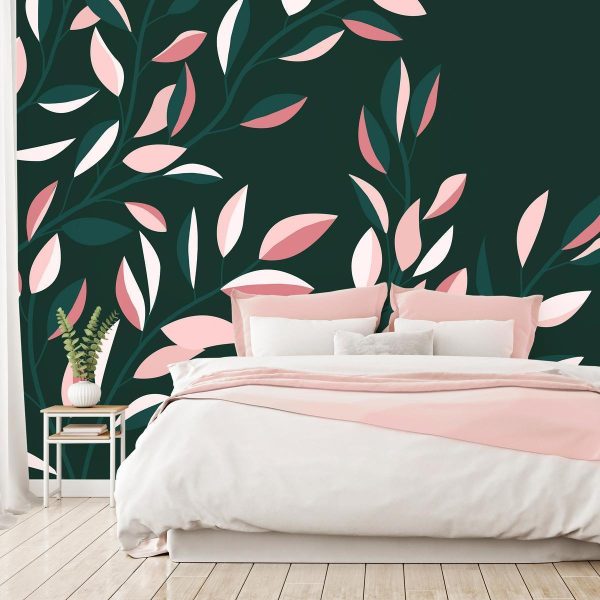 Wall Mural - Flowering vine - minimalist climbing leaves on a green background