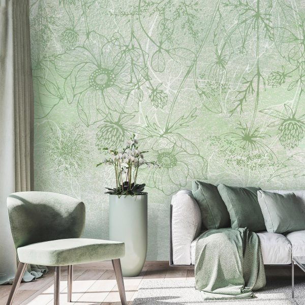 Wall Mural Wallpaper - Flowery meadow - nature with field flowers lineart on green background - Image 3