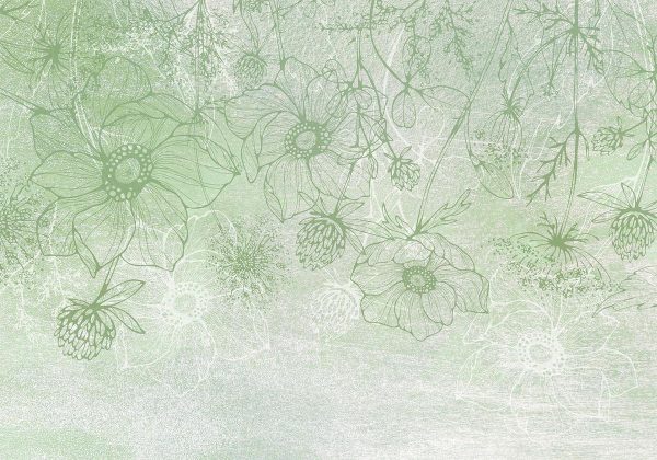 Wall Mural - Flowery meadow - nature with field flowers lineart on green background