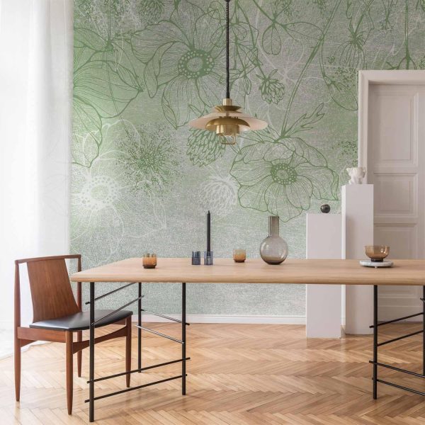 Wall Mural Wallpaper - Flowery meadow - nature with field flowers lineart on green background - Image 2