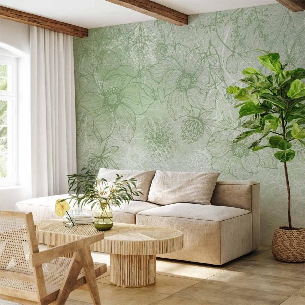 Wall Mural Wallpaper - Flowery meadow - nature with field flowers lineart on green background