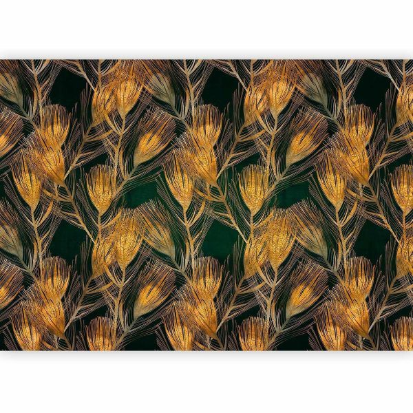 Wall Mural - Golden peacock feathers - solid background with bird pattern on green background