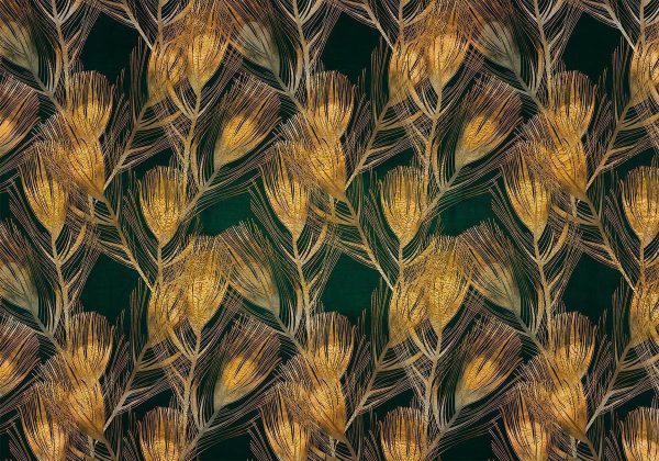 Wall Mural - Golden peacock feathers - solid background with bird pattern on green background