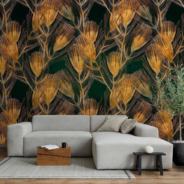 Wall Mural - Golden peacock feathers - solid background with bird pattern on green background